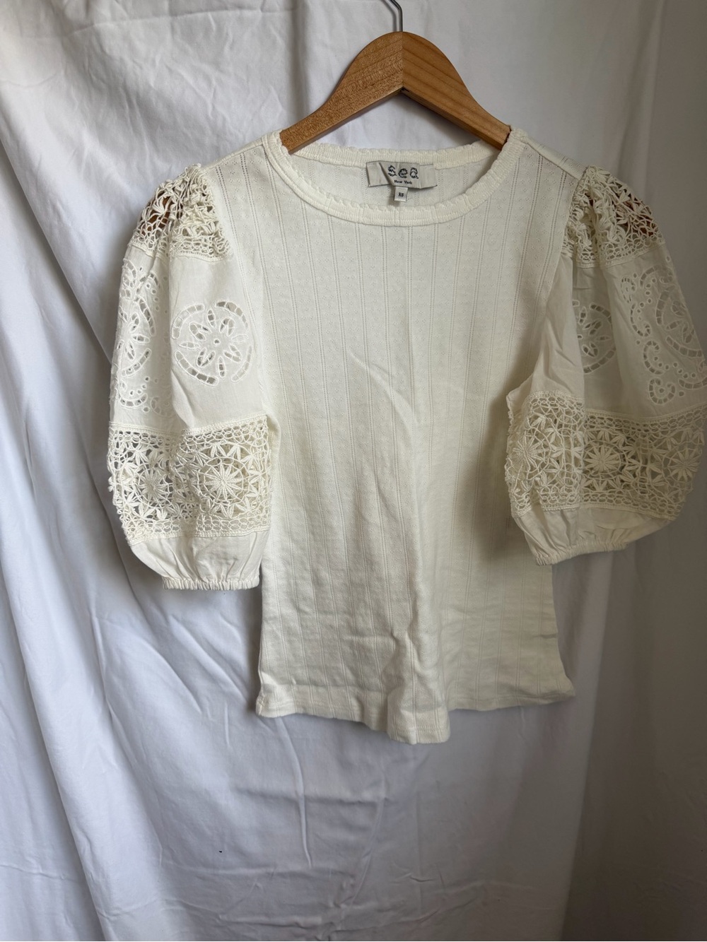 Sea New York Ivory Crochet Puff Sleeve Top